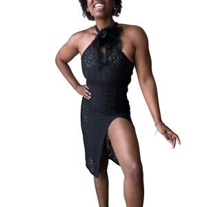 UO Kimchi Blue High Neck Black Lace Flower Detail Midi Dress Size M